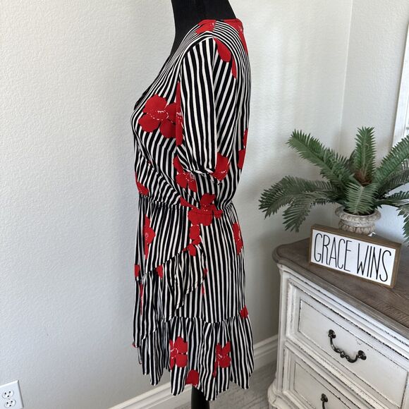 Madewell Black White Red Striped Floral Candied Orchids Wrap Ruffle Dress Size 2 - Picture 5 of 12